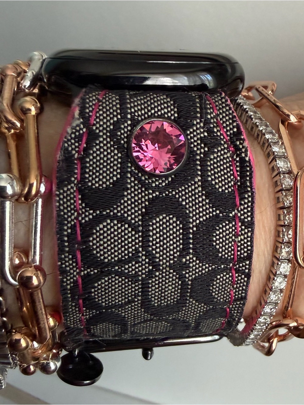 Coach Black Mini Logo with Hot Pink Spark*l band for Apple Watch, size 2